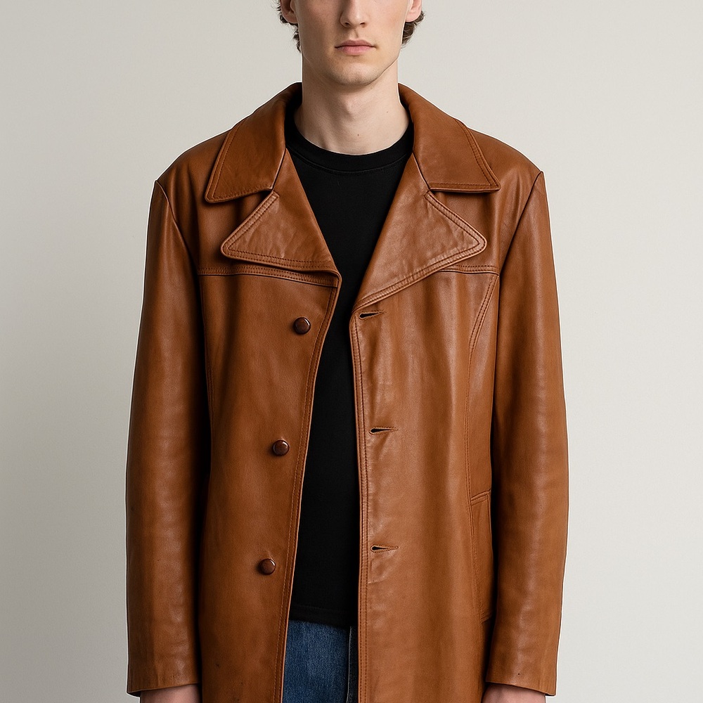 Vintage William Barry Size 44 Tall (XL) Men's Camel Brown Leather Coat Jacket